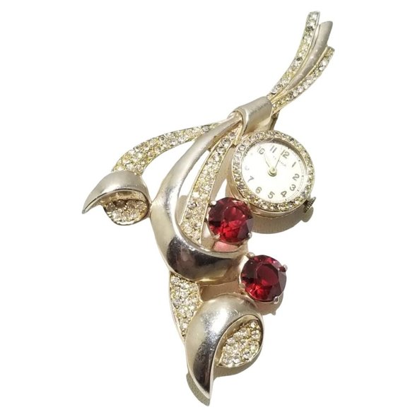 Stunning Estate Vintage Art Deco Retro Ruby Paste Watch Brooch (A3410) - Picture 1 of 7